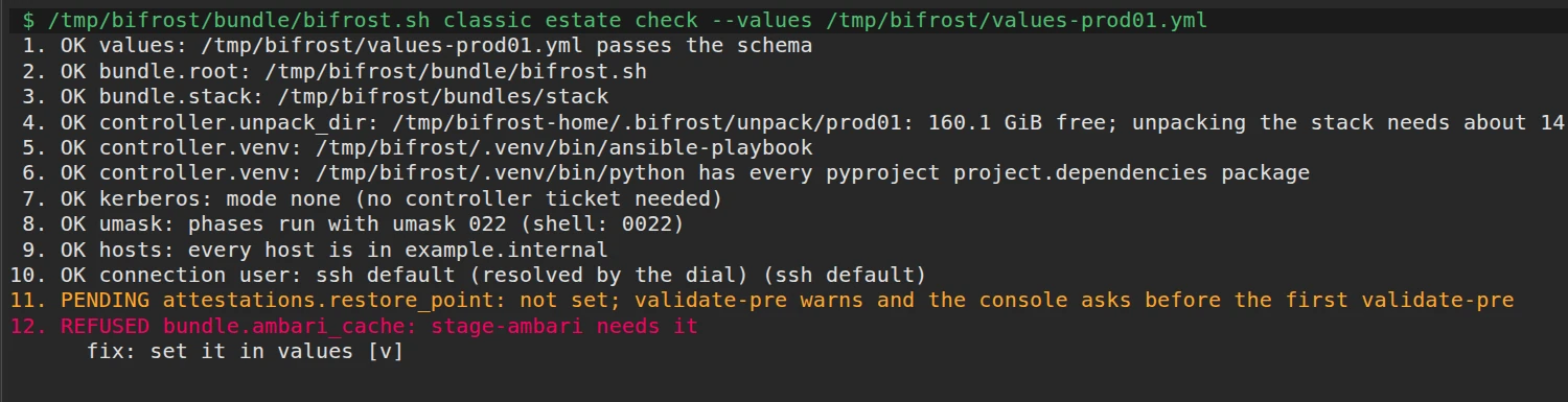 Heimdall readiness check listing OK lines for the values, bundle, controller, Kerberos, and hosts, a pending restore point attestation, and a refused Ambari cache setting with its fix