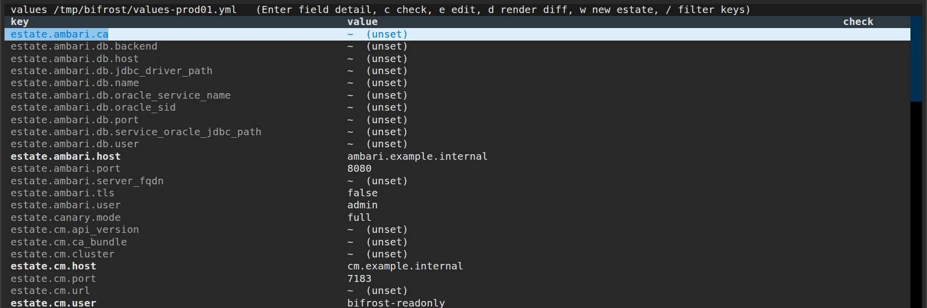 Heimdall values screen listing estate settings such as the Ambari host and port, the canary mode, and the Cloudera Manager host, with unset optional keys marked