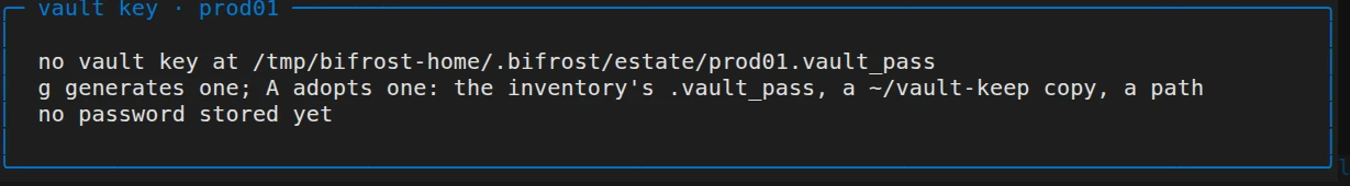 Heimdall vault key dialog for prod01, reporting that no vault key exists yet and offering to generate or adopt one